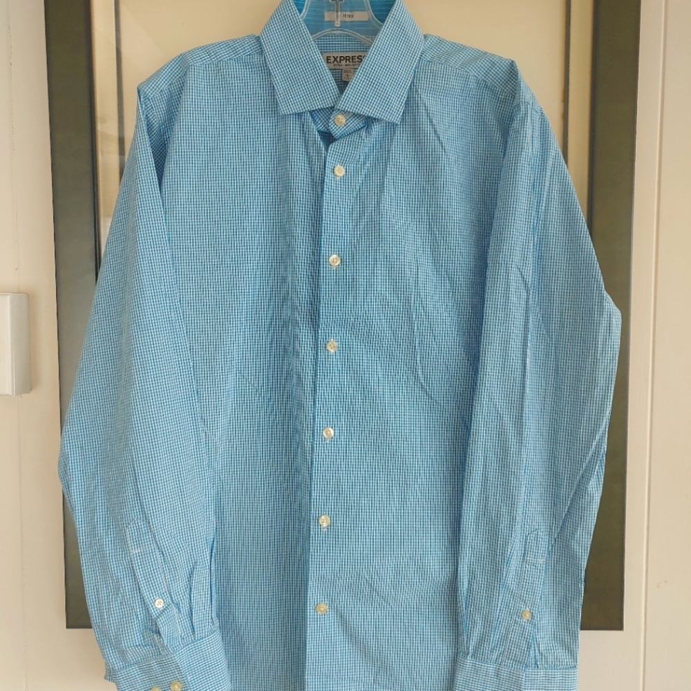 Express Fitted Blue Micro Checked Long Sleeve Button up 100% Cotton Large